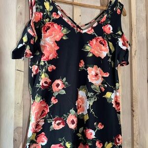 Floral Cold Shoulder Top - Black and Pinks